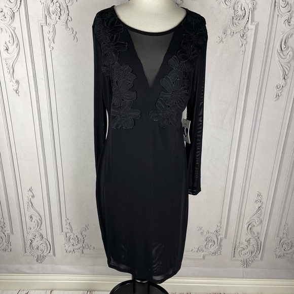 Elegant Illusion Black Floral Embroidered Lace Curve Long Sleeves Cocktail Dress - Picture 2 of 7